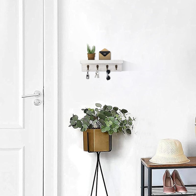 HRONRAD Rustic Key Holder for Wall, Farmhouse Wall Shelf with 4 Hooks, Wall Mounted Key Racks, Wooden Mail Organizer with Hooks for Entryway (White) - Image 5